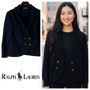 Ralph Lauren Cardigan Sweater Large Black Gold Double Breasted Nautical Luxury